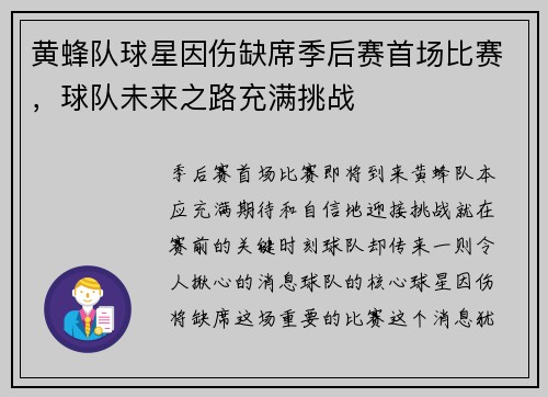 黄蜂队球星因伤缺席季后赛首场比赛，球队未来之路充满挑战