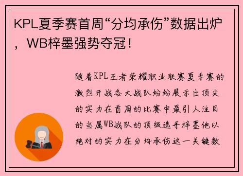 KPL夏季赛首周“分均承伤”数据出炉，WB梓墨强势夺冠！