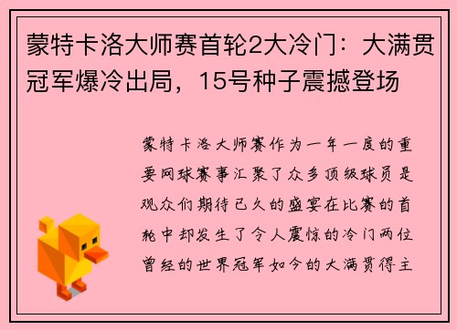 蒙特卡洛大师赛首轮2大冷门：大满贯冠军爆冷出局，15号种子震撼登场