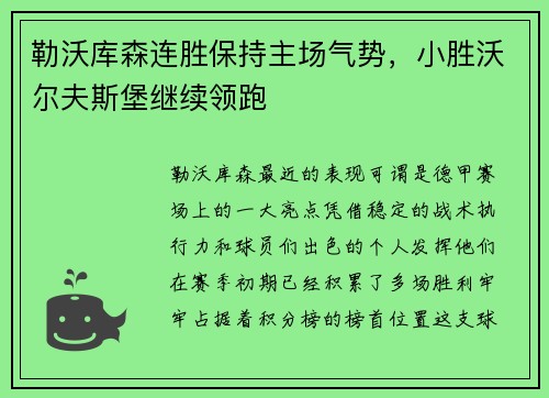 勒沃库森连胜保持主场气势，小胜沃尔夫斯堡继续领跑