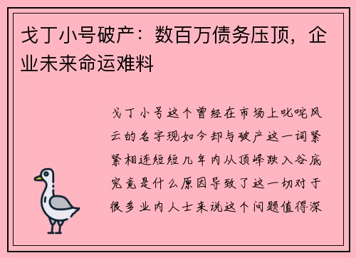 戈丁小号破产：数百万债务压顶，企业未来命运难料