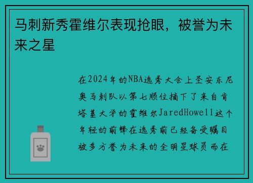 马刺新秀霍维尔表现抢眼，被誉为未来之星