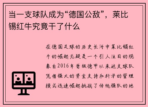 当一支球队成为“德国公敌”，莱比锡红牛究竟干了什么