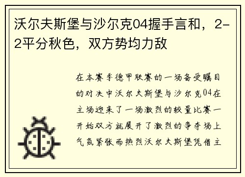 沃尔夫斯堡与沙尔克04握手言和，2-2平分秋色，双方势均力敌